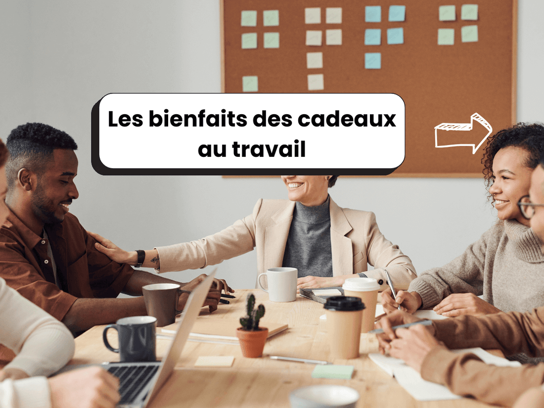 Photo de personnes au travail dans un bureau, avec le titre : Les bienfaits des cadeaux au travail