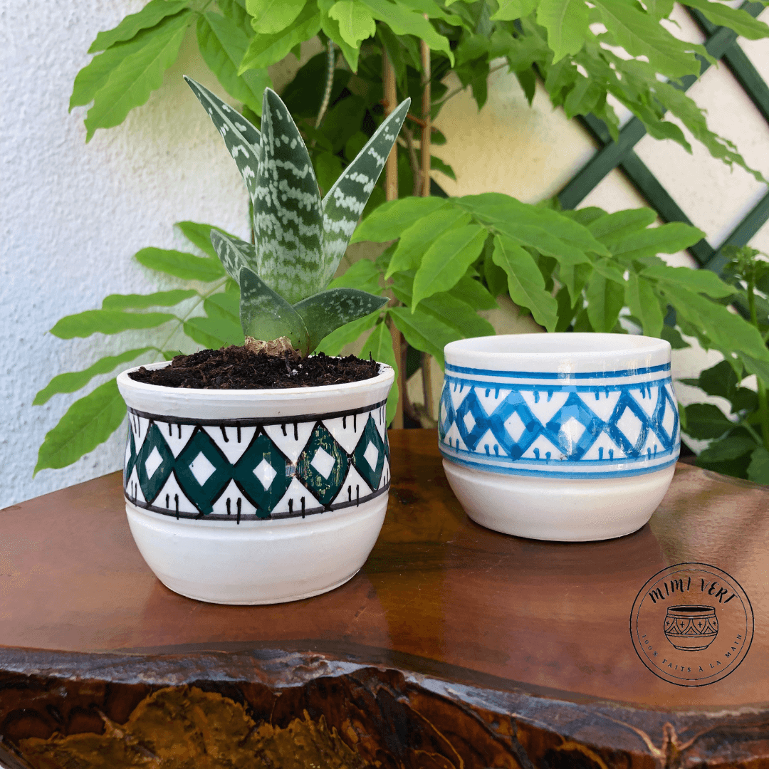 Deux pots en céramique faits à la main avec des motifs inspirés de l’artisanat marocain, posés sur une table en bois avec des plantes vertes en arrière-plan, dont un contenant une plante grasse.