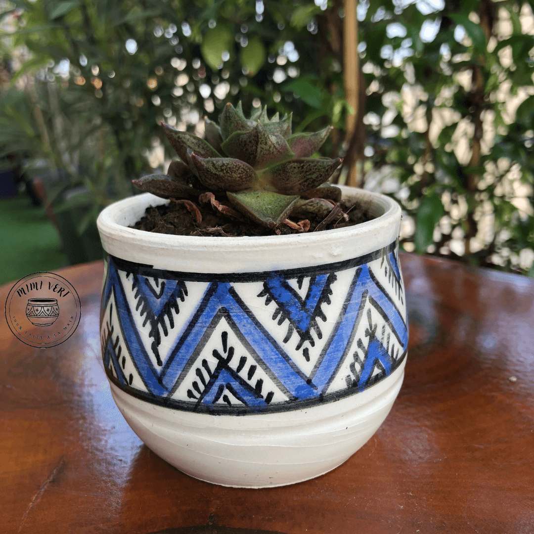 Pot en céramique fait à la main avec des motifs inspirés de l’artisanat marocain bleu et blanc, contenant une plante grasse, posé sur une table en bois avec des plantes vertes en arrière-plan.
