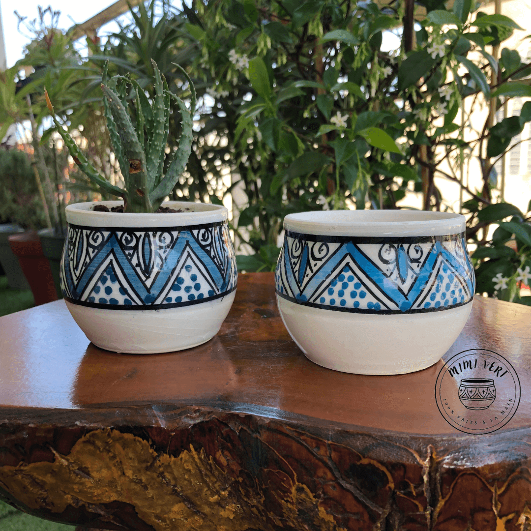 Deux pots en céramique faits à la main avec des motifs inspirés de l’artisanat marocain, posés sur une table en bois avec des plantes vertes en arrière-plan, dont un contenant une plante grasse.