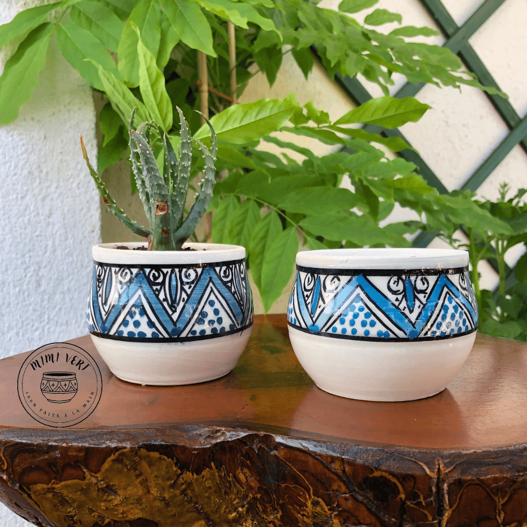 Deux pots en céramique faits à la main avec des motifs inspirés de l’artisanat marocain, posés sur une table en bois avec des plantes vertes en arrière-plan, dont un contenant une plante grasse.
