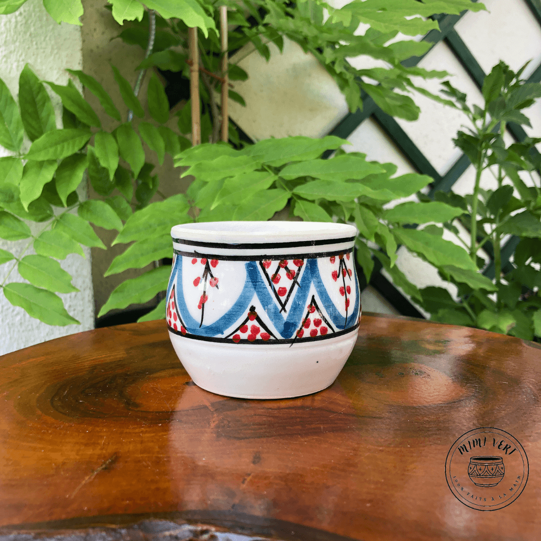 Pot en céramique fait à la main avec des motifs inspirés de l’artisanat marocain, blanc bleu rouge et noir, contenant un cactus, posé sur une table en bois avec des plantes vertes en arrière-plan.