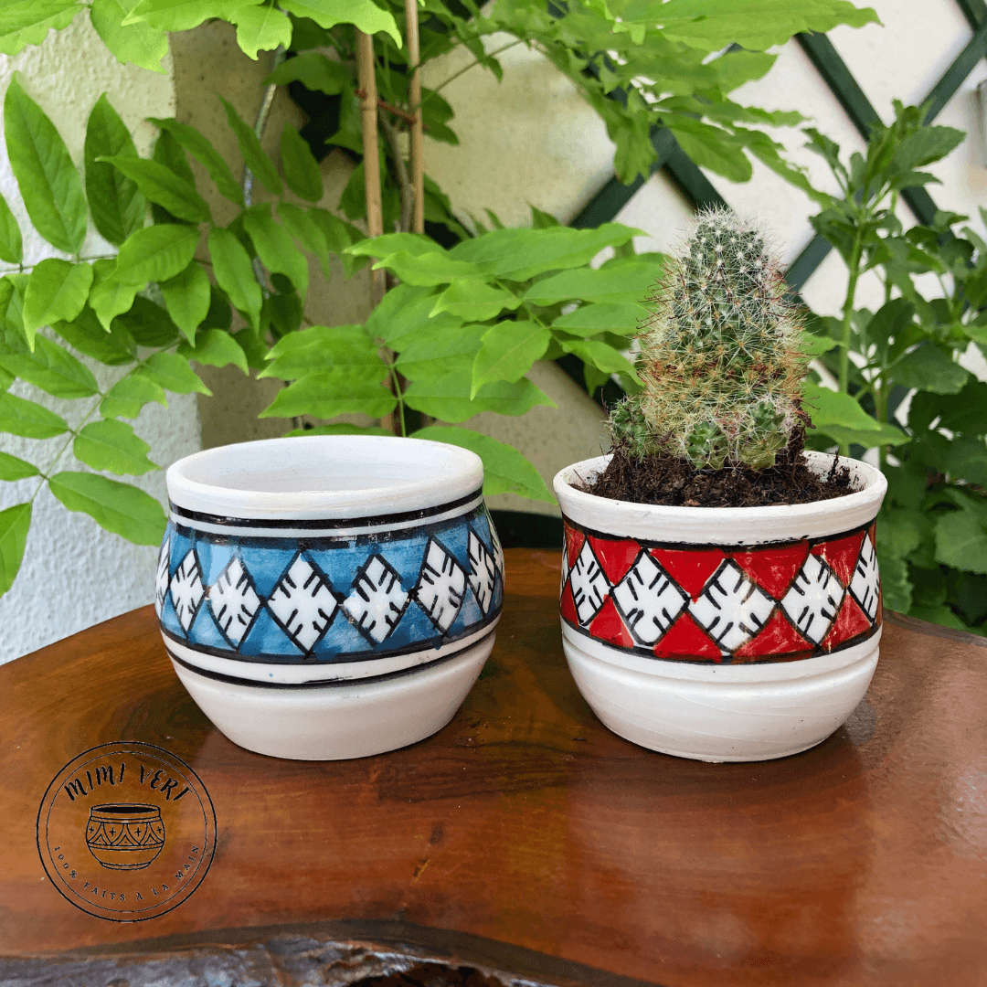 Deux pots en céramique faits à la main avec des motifs inspirés de l’artisanat marocain, posés sur une table en bois avec des plantes vertes en arrière-plan, dont un contenant un cactus.