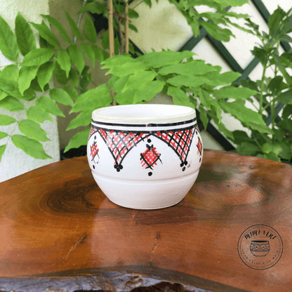 Pot en céramique fait à la main avec des motifs inspirés de l’artisanat marocain, blanc noir et rouge, contenant un cactus, posé sur une table en bois avec des plantes vertes en arrière-plan.
