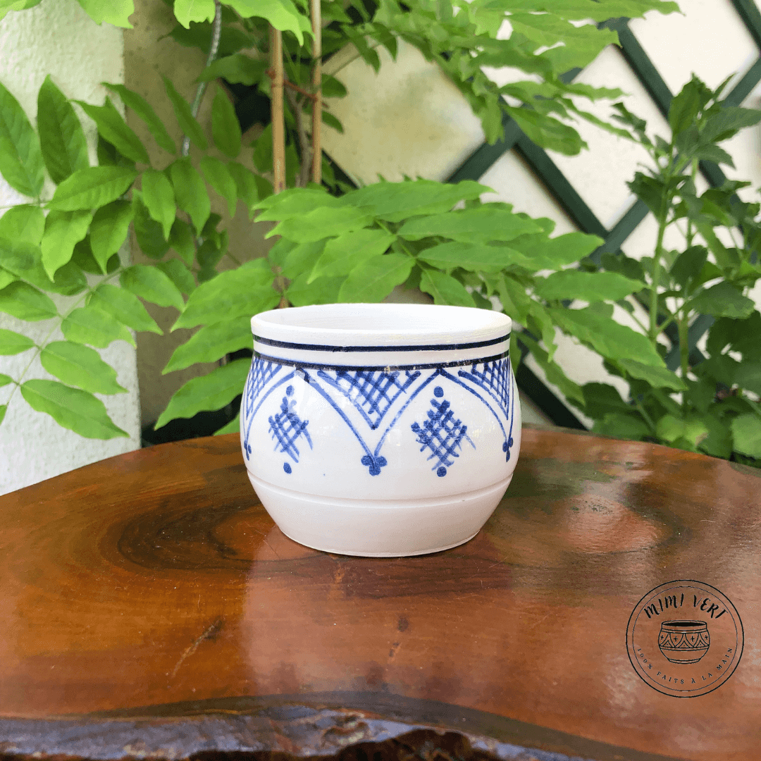 Pot en céramique fait à la main avec des motifs inspirés de l’artisanat marocain, blanc bleu noir, contenant un cactus, posé sur une table en bois avec des plantes vertes en arrière-plan.