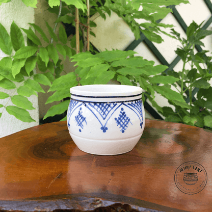 Pot en céramique fait à la main avec des motifs inspirés de l’artisanat marocain, blanc bleu noir, contenant un cactus, posé sur une table en bois avec des plantes vertes en arrière-plan.