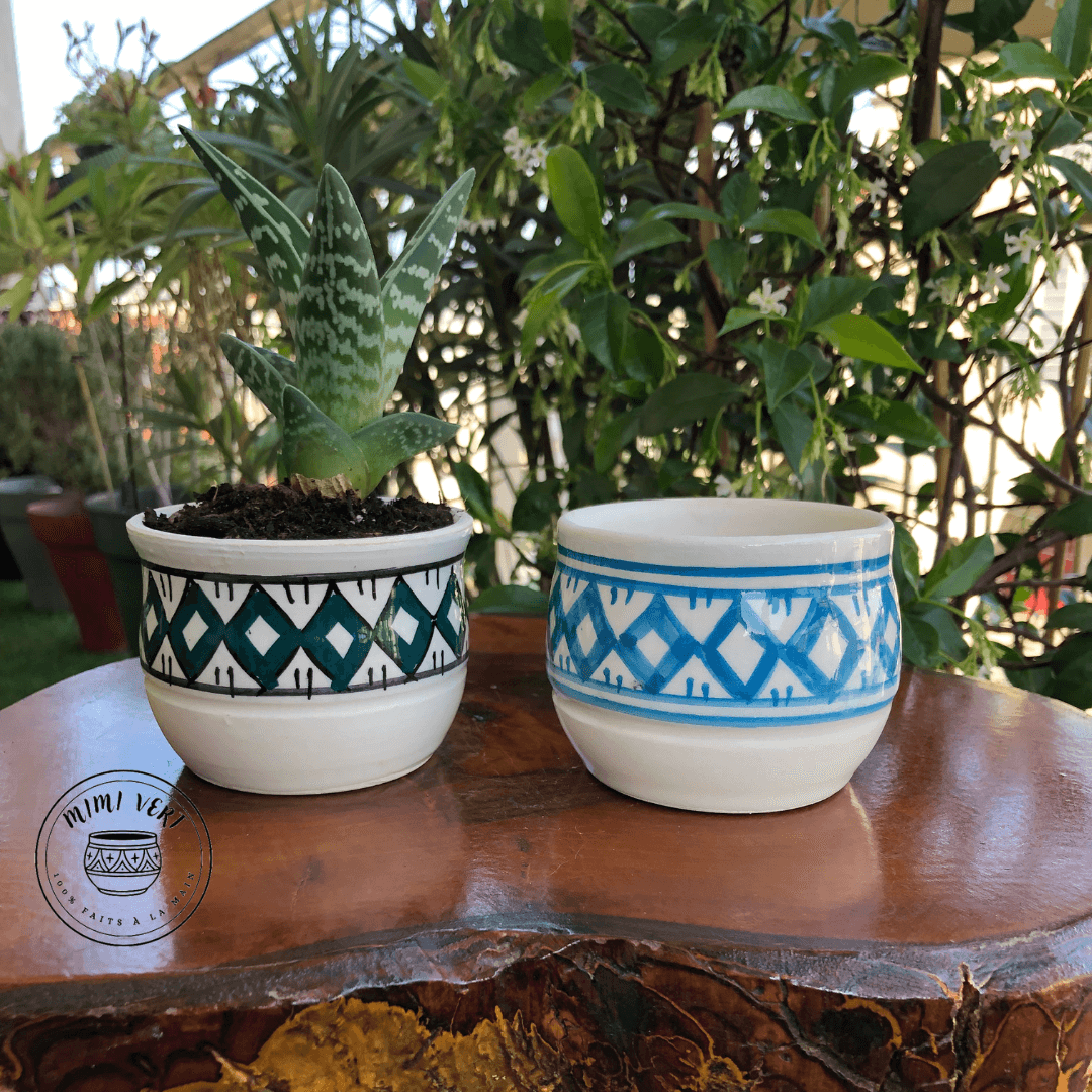 Deux pots en céramique faits à la main avec des motifs inspirés de l’artisanat marocain, posés sur une table en bois avec des plantes vertes en arrière-plan, dont un contenant une plante grasse.