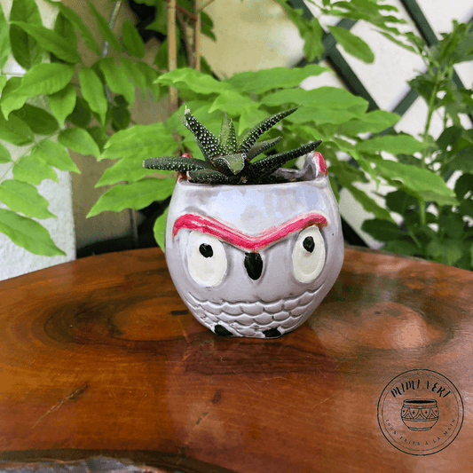 Petit pot en forme de hibou, gris clair, contenant un cactus, posé sur une table en bois avec des plantes vertes en arrière-plan.