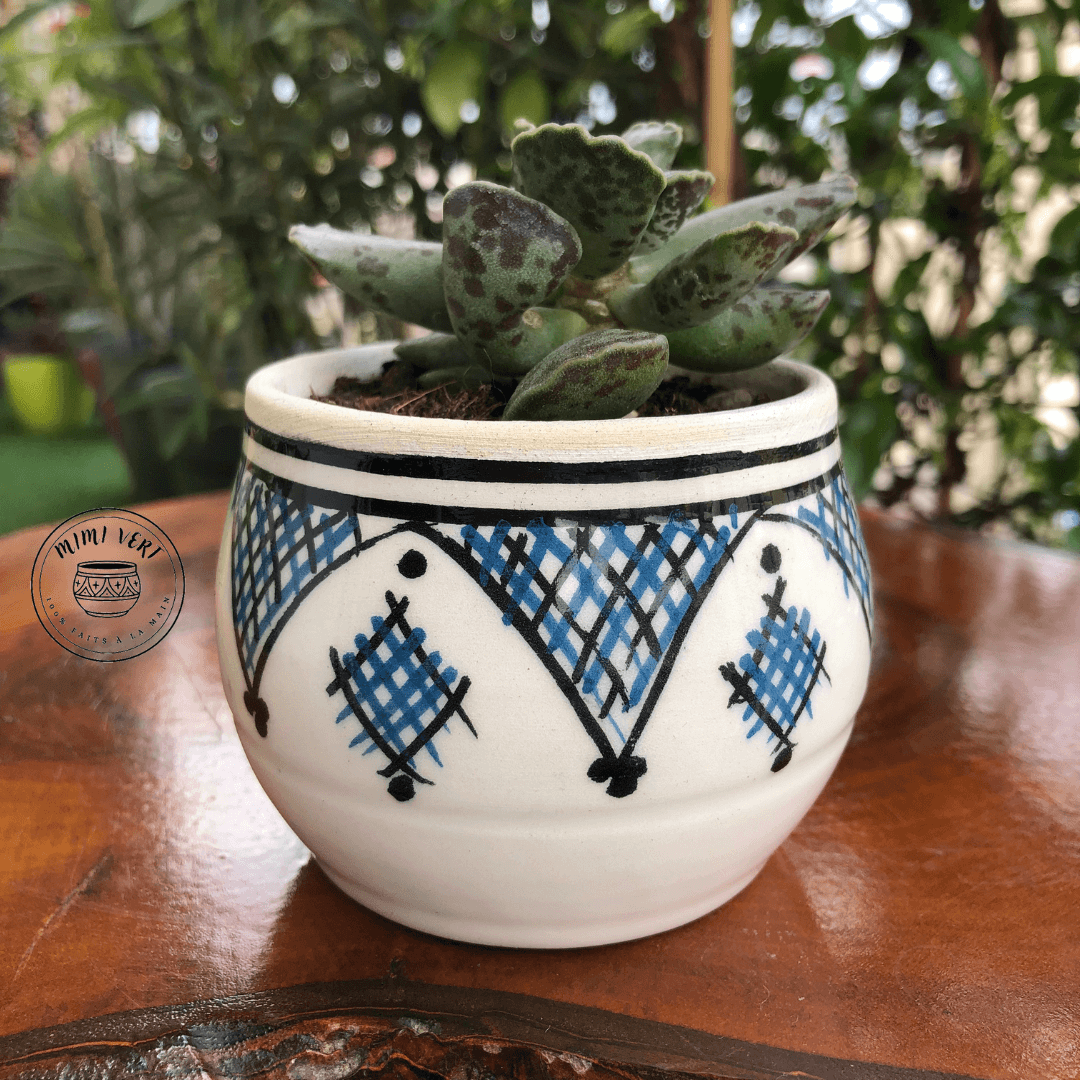 Pot en céramique fait à la main avec des motifs inspirés de l’artisanat marocain, blanc bleu et noir, contenant une plante grasse, posé sur une table en bois avec des plantes vertes en arrière-plan.
