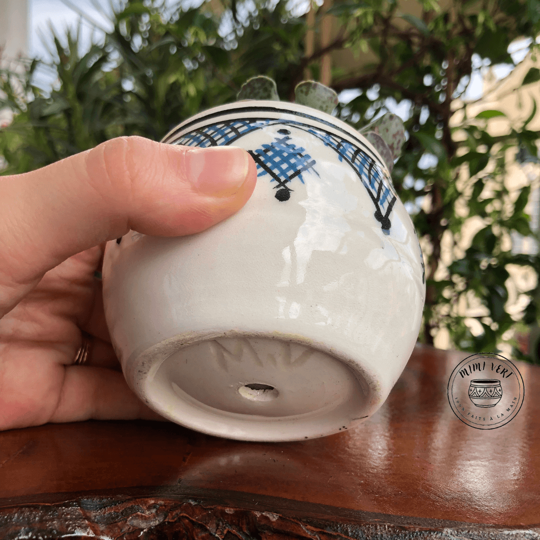 Pot en céramique fait à la main avec des motifs inspirés de l’artisanat marocain, contenant une plante grasse, posé sur une table en bois avec des plantes vertes en arrière-plan.