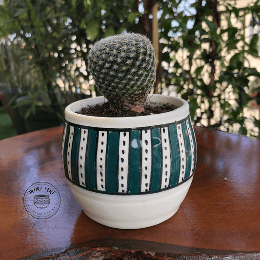 Pot en céramique fait à la main avec des motifs inspirés de l’artisanat marocain, blanc et vert, contenant un cactus, posé sur une table en bois avec des plantes vertes en arrière-plan.