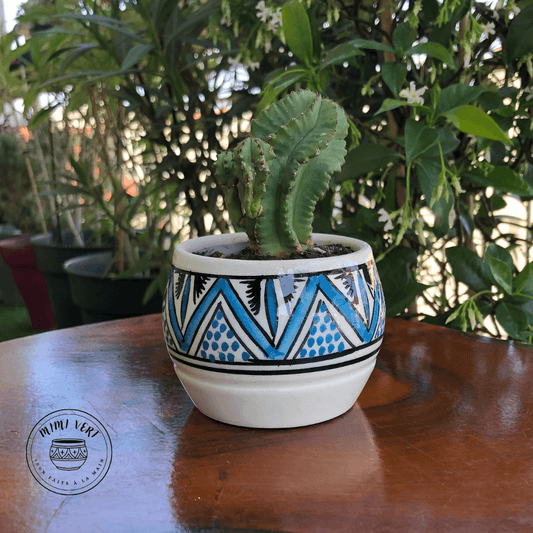 Pot en céramique fait à la main avec des motifs inspirés de l’artisanat marocain bleu, noir et blanc, contenant un cactus, posé sur une table en bois avec des plantes vertes en arrière-plan.