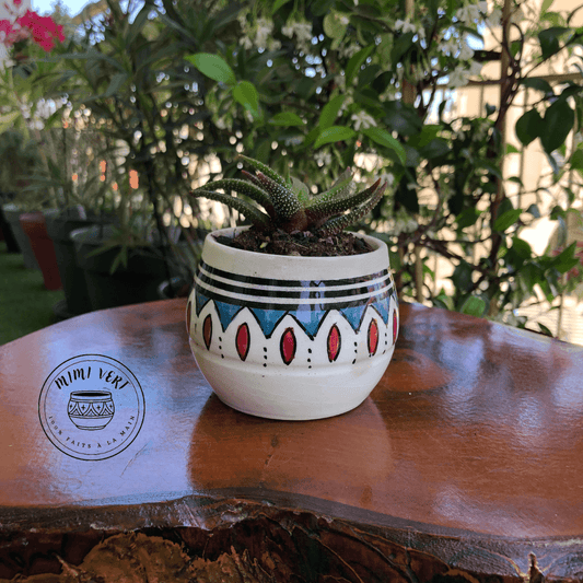 Pot en céramique fait à la main avec des motifs inspirés de l’artisanat marocain, bleu rouge et blanc, contenant une plante grasse, posé sur une table en bois avec des plantes vertes en arrière-plan.