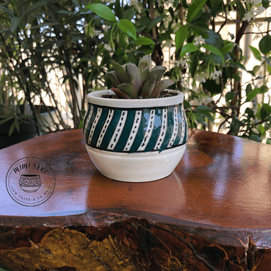 Pot en céramique fait à la main avec des motifs inspirés de l’artisanat marocain, vert et blanc, contenant une plante grasse, posé sur une table en bois avec des plantes vertes en arrière-plan.