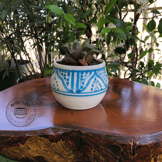Pot en céramique fait à la main avec des motifs inspirés de l’artisanat marocain, bleu et blanc, contenant une plante grasse, posé sur une table en bois avec des plantes vertes en arrière-plan.