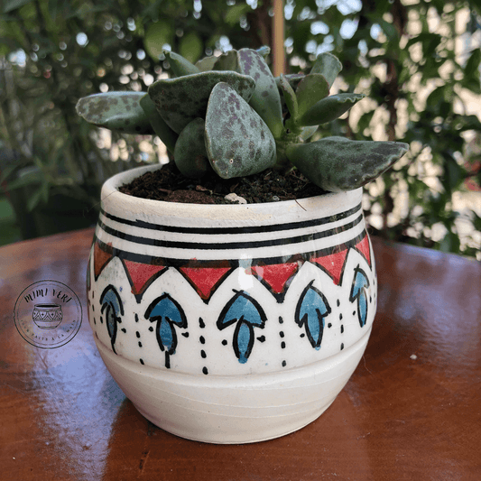 Pot en céramique fait à la main avec des motifs inspirés de l’artisanat marocain, blanc, rouge bleu et noir, contenant une plante grasse, posé sur une table en bois avec des plantes vertes en arrière-plan.