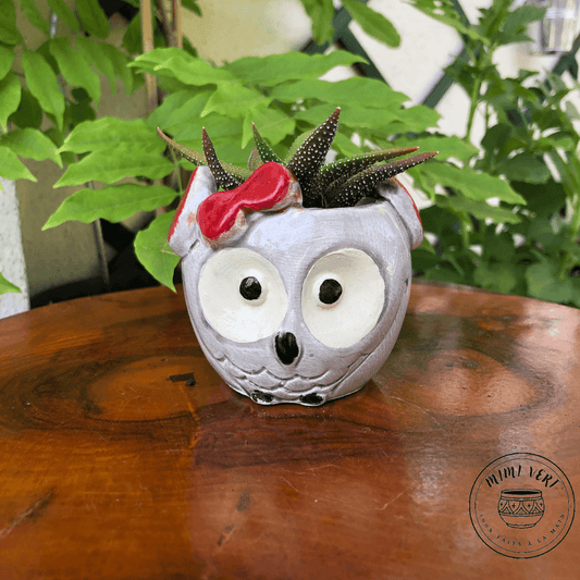 Petit pot en forme de hibou, gris clair, contenant un cactus, posé sur une table en bois avec des plantes vertes en arrière-plan.